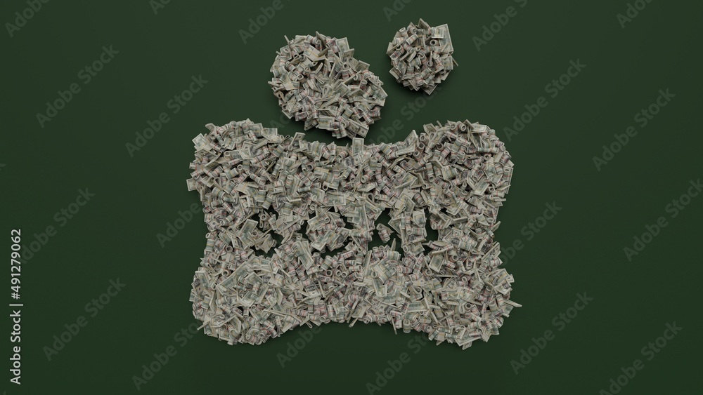 Poster 3d rendering of dollar cash rolls and stacks in shape of symbol of soap bar on green background