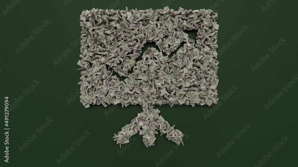 Poster 3d rendering of dollar cash rolls and stacks in shape of symbol of presentation on green background