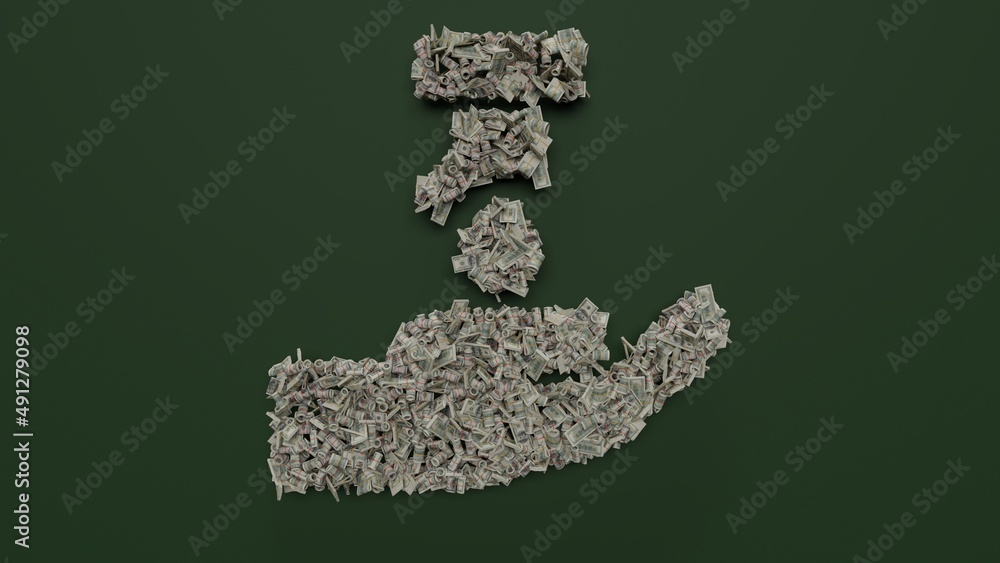 Poster 3d rendering of dollar cash rolls and stacks in shape of symbol of sanitizer with hand on green back