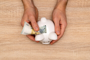 Hand Putting Five Euros in Piggy Bank