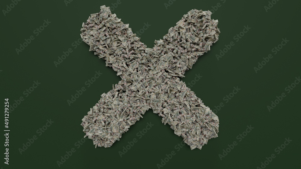 Poster 3d rendering of dollar cash rolls and stacks in shape of symbol of times on green background