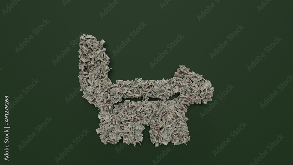 Poster 3d rendering of dollar cash rolls and stacks in shape of symbol of skunk on green background