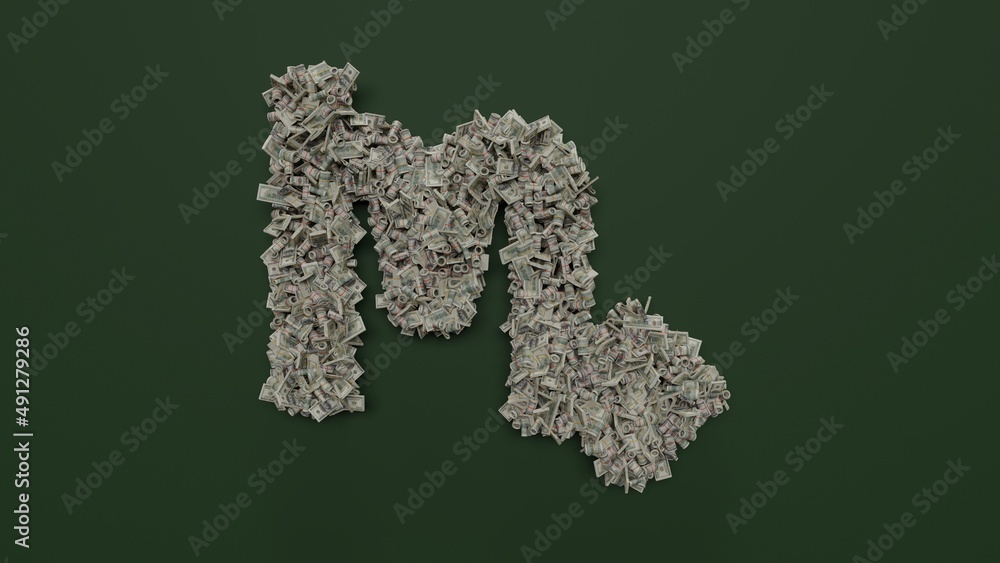 Poster 3d rendering of dollar cash rolls and stacks in shape of symbol of scorpio zodiac on green backgroun