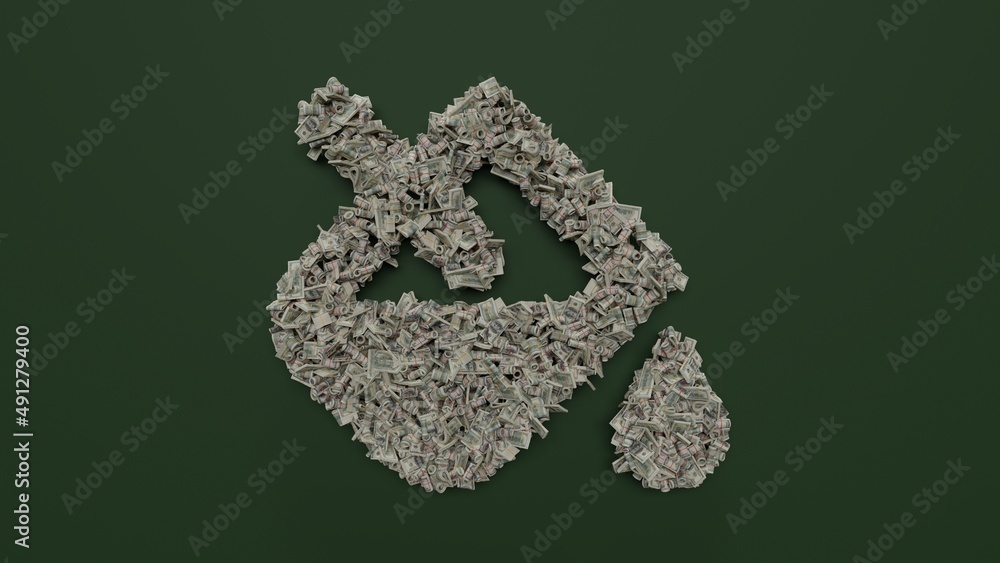Poster 3d rendering of dollar cash rolls and stacks in shape of symbol of fill drip on green background