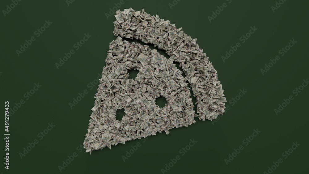 Poster 3d rendering of dollar cash rolls and stacks in shape of symbol of pizza slice on green background
