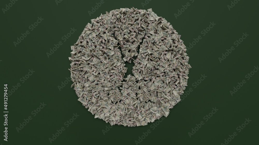 Poster 3d rendering of dollar cash rolls and stacks in shape of symbol of barber label on green background