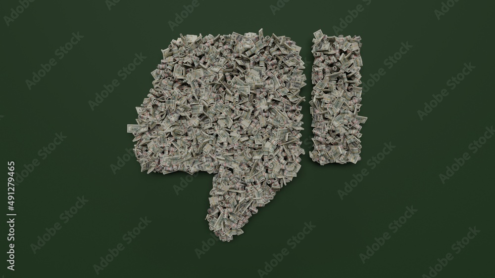 Poster 3d rendering of dollar cash rolls and stacks in shape of symbol of thumbs down on green background