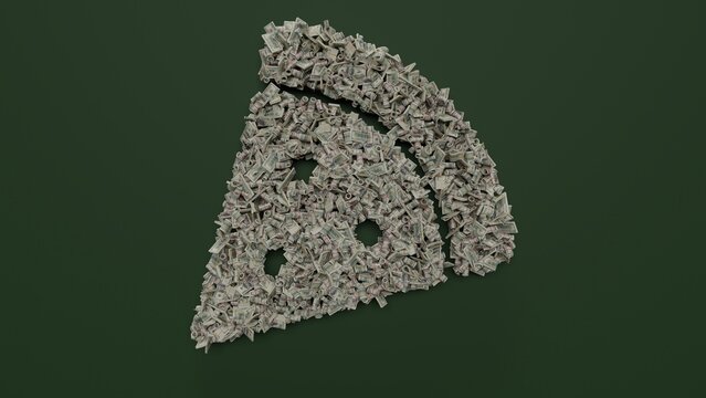 3d Rendering Of Dollar Cash Rolls And Stacks In Shape Of Symbol Of Pizza Slice On Green Background