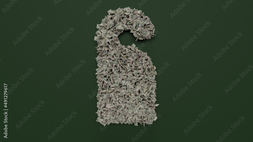 Aufkleber 3d rendering of dollar cash rolls and stacks in shape of symbol of do not disturb on green backgroun