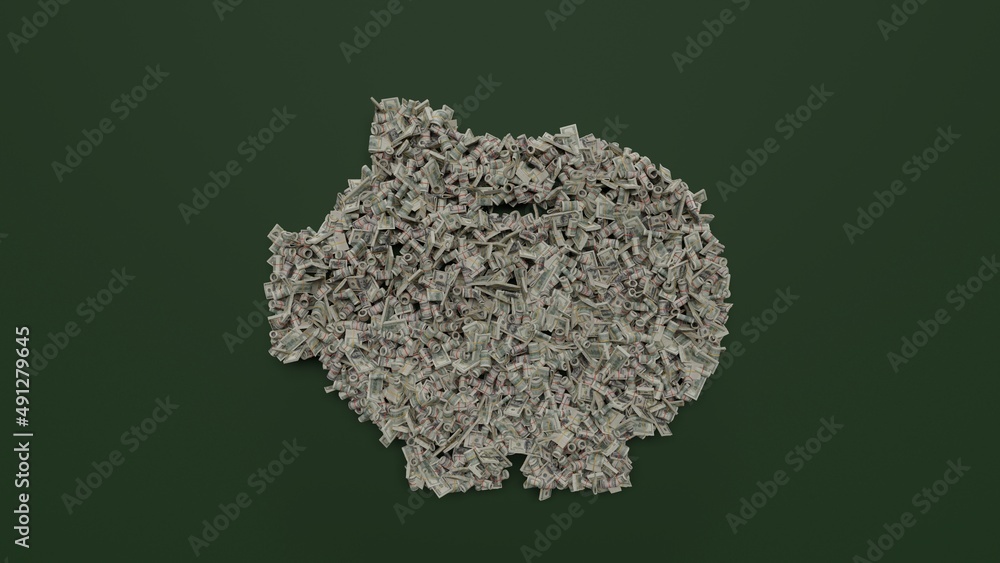 Poster 3d rendering of dollar cash rolls and stacks in shape of symbol of piggy bank on green background