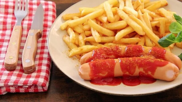 top view of cervelat currywurst in a plate with french fries