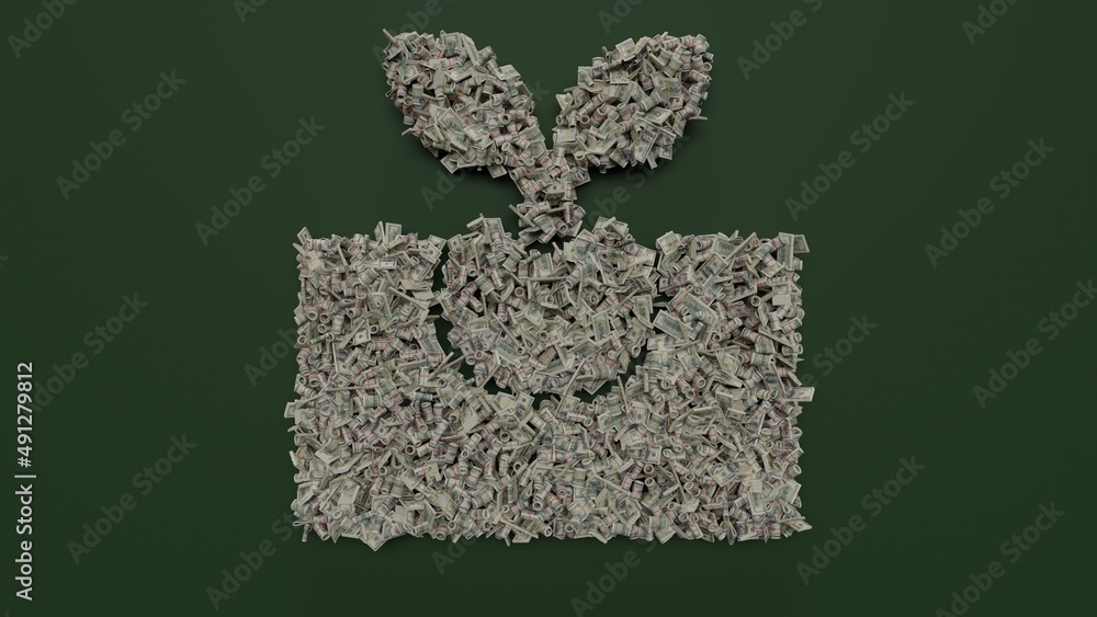 Poster 3d rendering of dollar cash rolls and stacks in shape of symbol of germination on green background