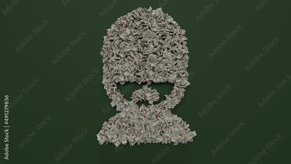 Poster 3d rendering of dollar cash rolls and stacks in shape of symbol of english man on green background