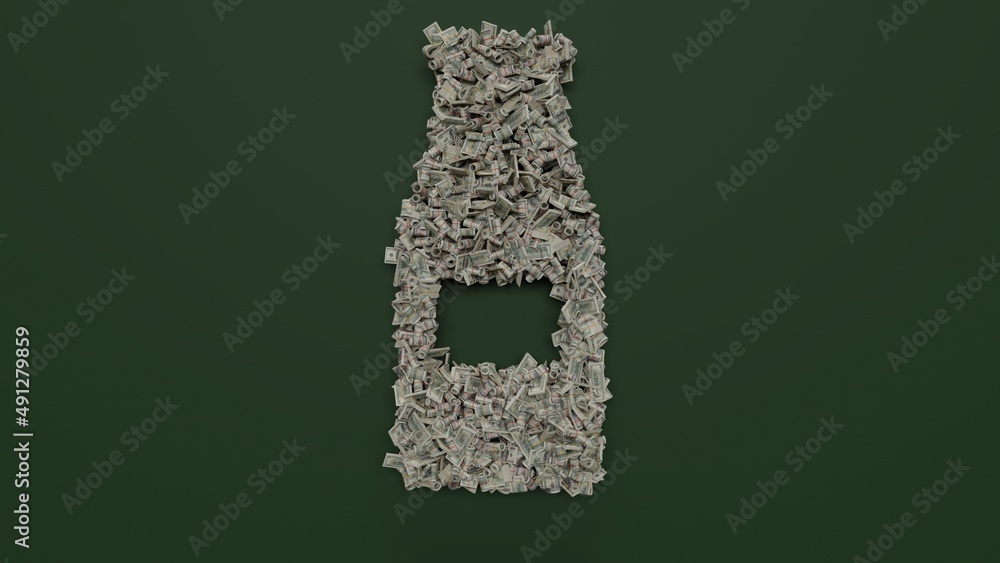 Poster 3d rendering of dollar cash rolls and stacks in shape of symbol of ketchup on green background