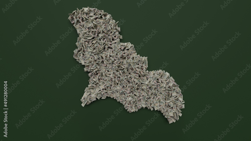 Poster 3d rendering of dollar cash rolls and stacks in shape of symbol of bat on green background