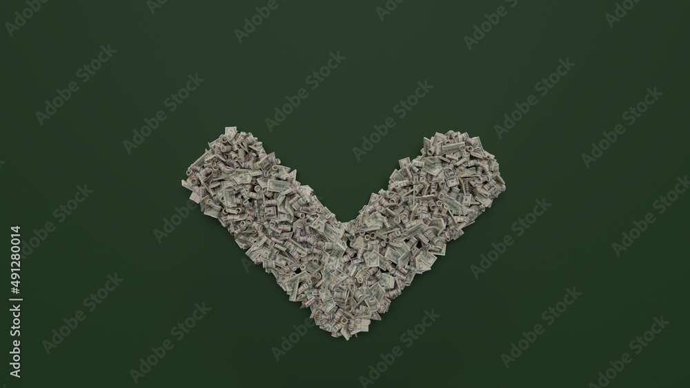 Poster 3d rendering of dollar cash rolls and stacks in shape of symbol of angle down on green background