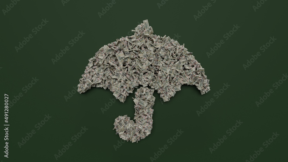 Poster 3d rendering of dollar cash rolls and stacks in shape of symbol of umbrella on green background