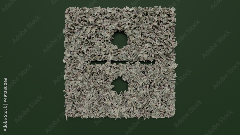 Aufkleber 3d rendering of dollar cash rolls and stacks in shape of symbol of divide on green background