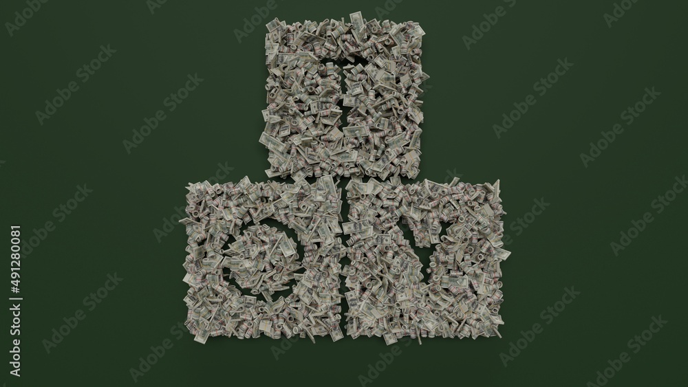 Poster 3d rendering of dollar cash rolls and stacks in shape of symbol of toy on green background