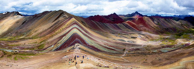 Aerial panorama with drone of Rainbow Mountain in Cusco, Peru