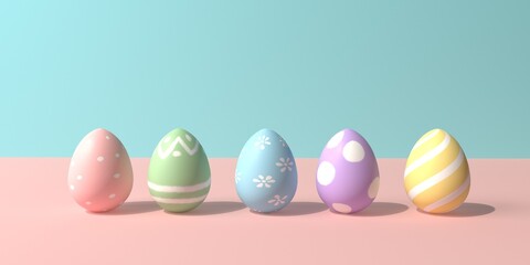 Colorful hand decorated Easter eggs with spring holiday pastel colors