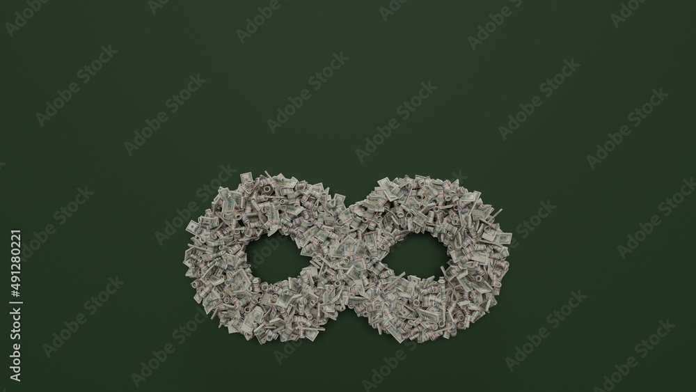Poster 3d rendering of dollar cash rolls and stacks in shape of symbol of infinity on green background