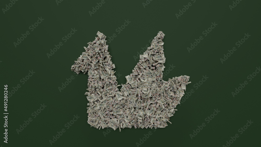 Poster 3d rendering of dollar cash rolls and stacks in shape of symbol of origami on green background