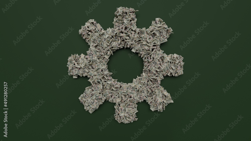 Poster 3d rendering of dollar cash rolls and stacks in shape of symbol of sun symbol on green background