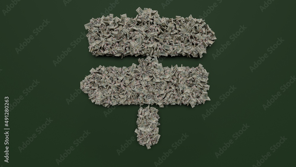 Poster 3d rendering of dollar cash rolls and stacks in shape of symbol of map signs on green background