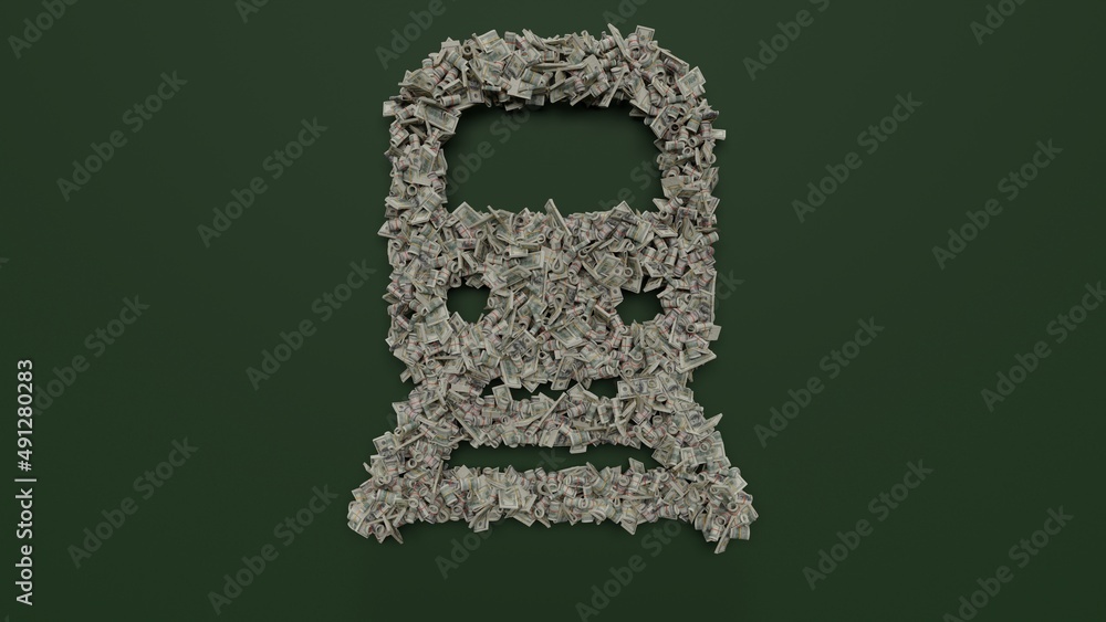 Poster 3d rendering of dollar cash rolls and stacks in shape of symbol of underground front view on green b