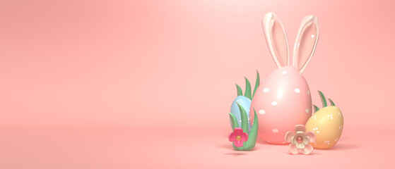 Colorful hand decorated Easter eggs withrabbit ears and spring holiday pastel colors