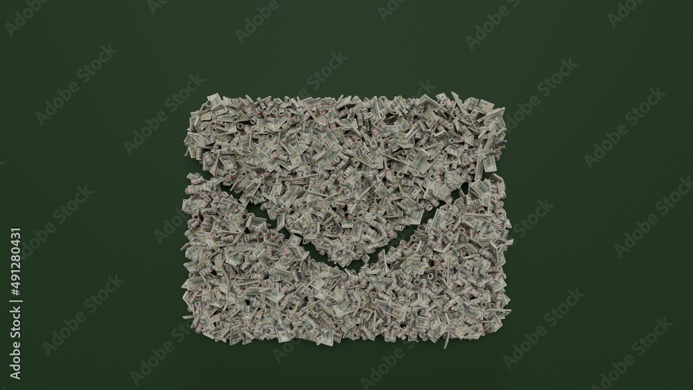 Poster 3d rendering of dollar cash rolls and stacks in shape of symbol of envelope on green background