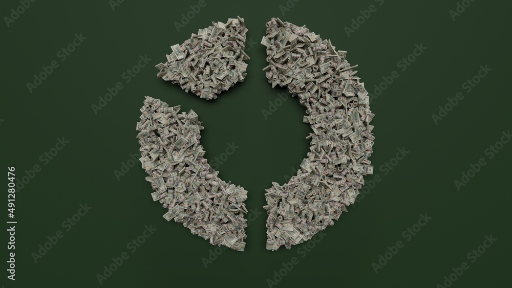 Poster 3d rendering of dollar cash rolls and stacks in shape of symbol of pie chart on green background