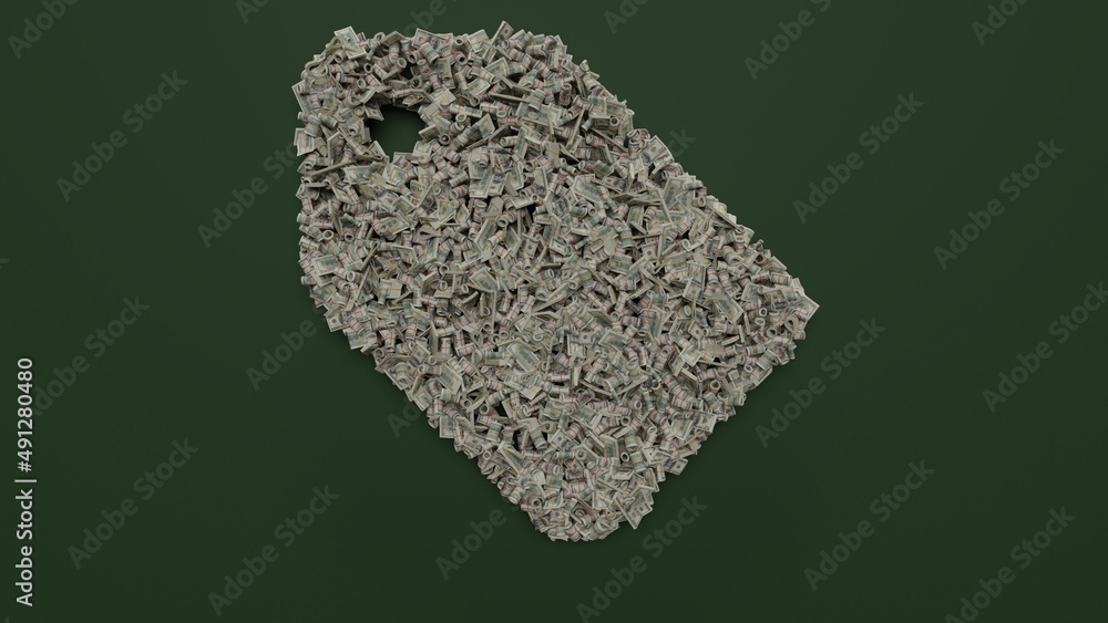Poster 3d rendering of dollar cash rolls and stacks in shape of symbol of label on green background