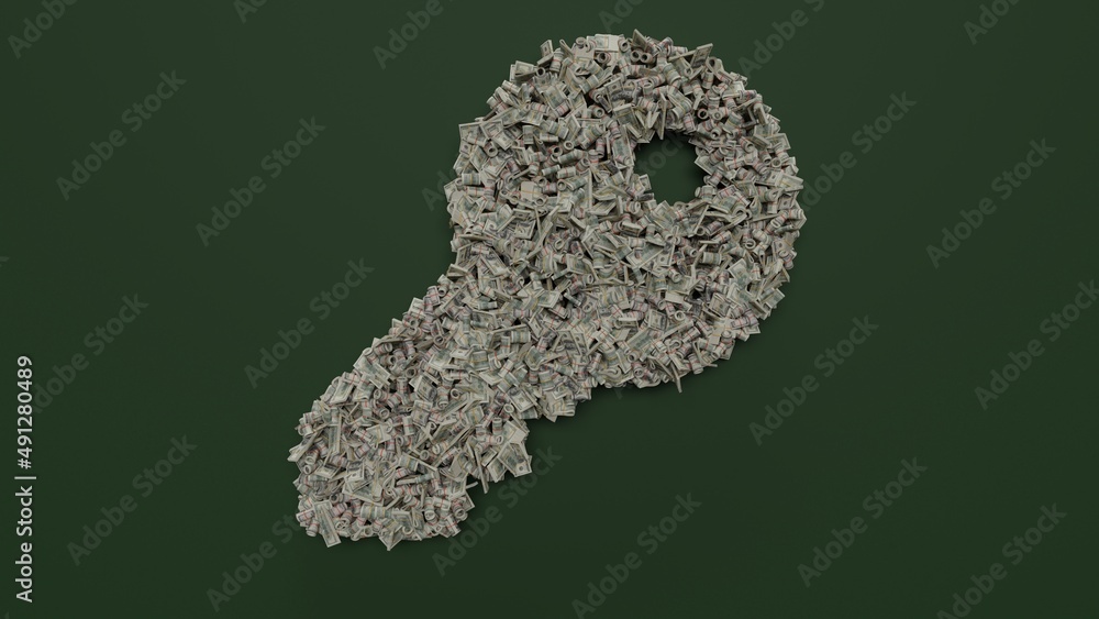 Poster 3d rendering of dollar cash rolls and stacks in shape of symbol of key on green background