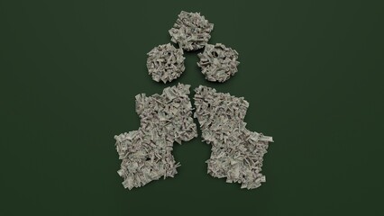 3d rendering of dollar cash rolls and stacks in shape of symbol of holly berry on green background