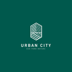 creative abstract urban city logo design in style linear, business real estate logo, building with garden logo design, eco city, vector illustration template