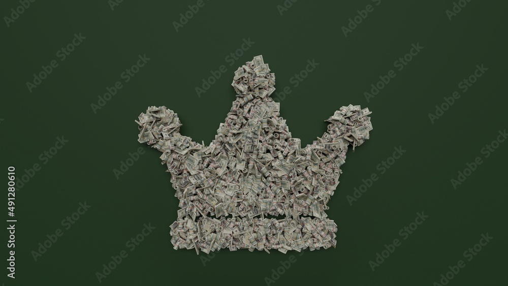 Poster 3d rendering of dollar cash rolls and stacks in shape of symbol of crown on green background
