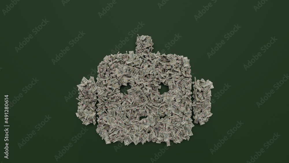 Poster 3d rendering of dollar cash rolls and stacks in shape of symbol of robot on green background