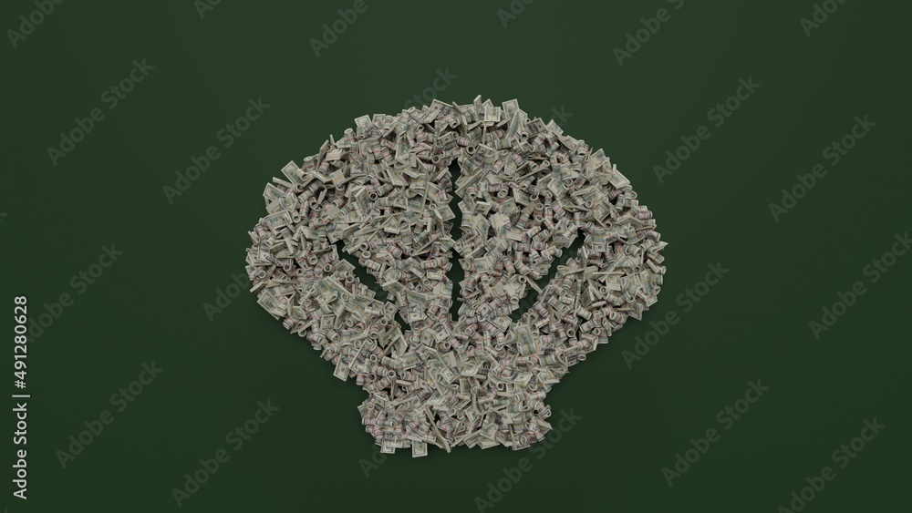 Aufkleber 3d rendering of dollar cash rolls and stacks in shape of symbol of shell on green background