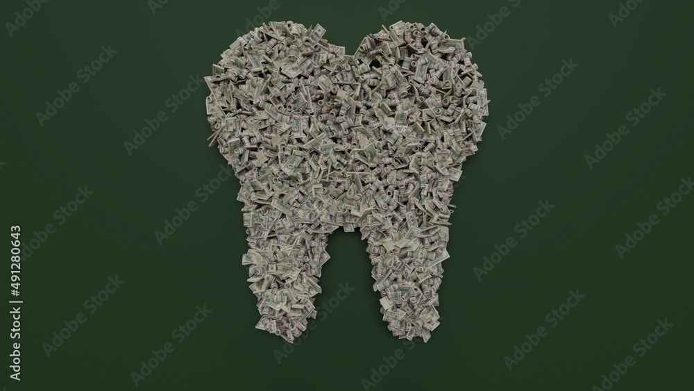 Poster 3d rendering of dollar cash rolls and stacks in shape of symbol of tooth on green background