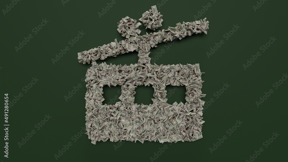 Poster 3d rendering of dollar cash rolls and stacks in shape of symbol of tram on green background