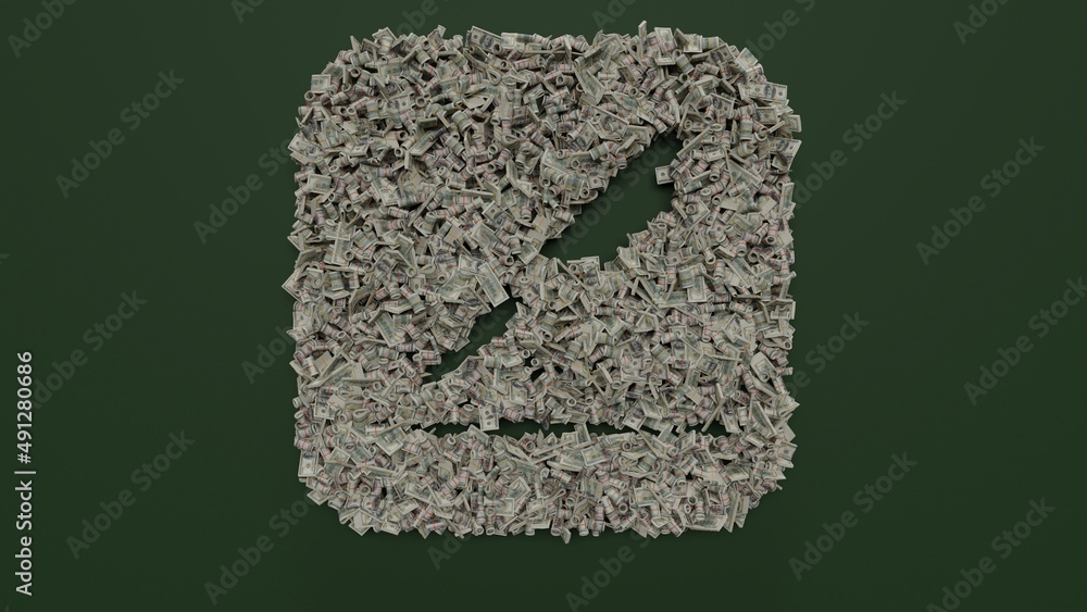 Poster 3d rendering of dollar cash rolls and stacks in shape of symbol of pages on green background