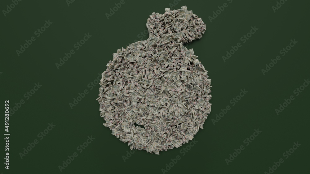 Poster 3d rendering of dollar cash rolls and stacks in shape of symbol of orange on green background