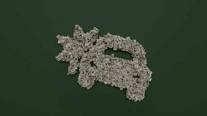 3d rendering of dollar cash rolls and stacks in shape of symbol of car crash on green background