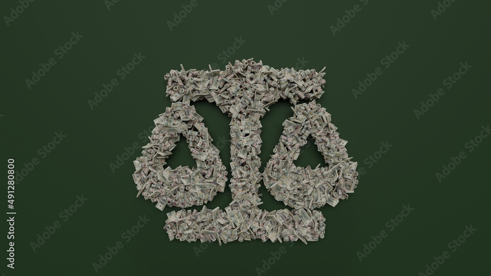 Poster 3d rendering of dollar cash rolls and stacks in shape of symbol of balance scale on green background
