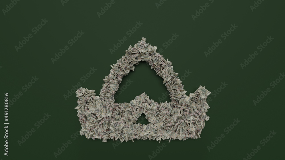 Poster 3d rendering of dollar cash rolls and stacks in shape of symbol of dutch cap on green background