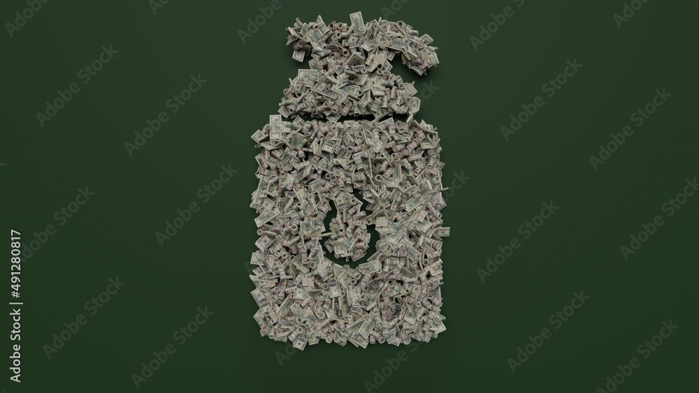 Poster 3d rendering of dollar cash rolls and stacks in shape of symbol of cream on green background