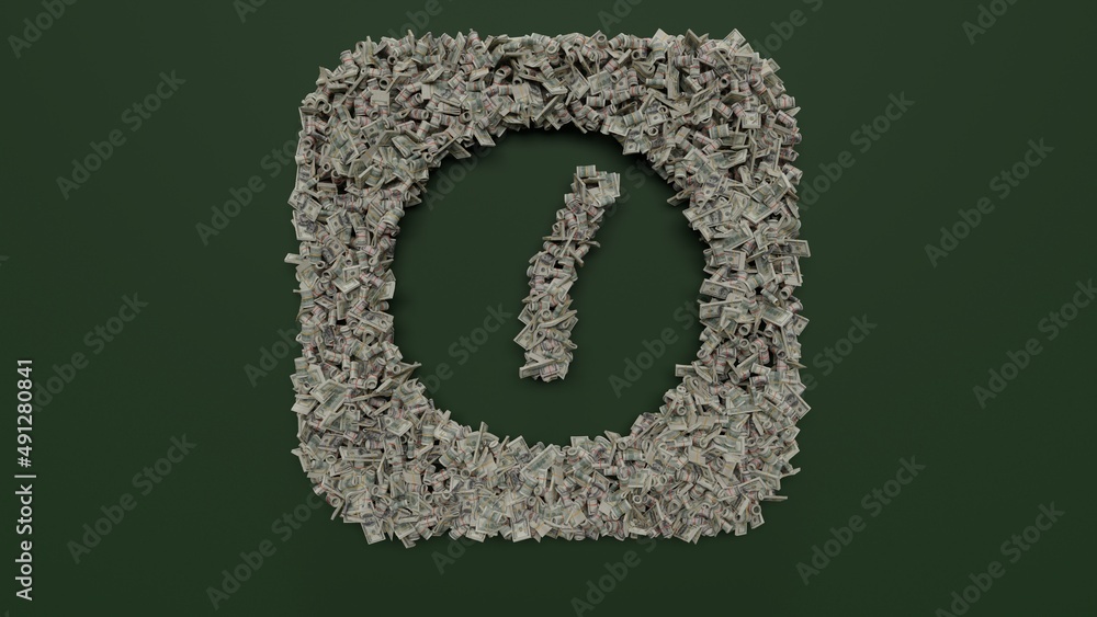 Poster 3d rendering of dollar cash rolls and stacks in shape of symbol of alarm clock on green background