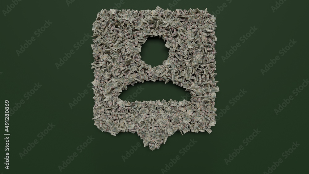 Aufkleber 3d rendering of dollar cash rolls and stacks in shape of symbol of pin on green background